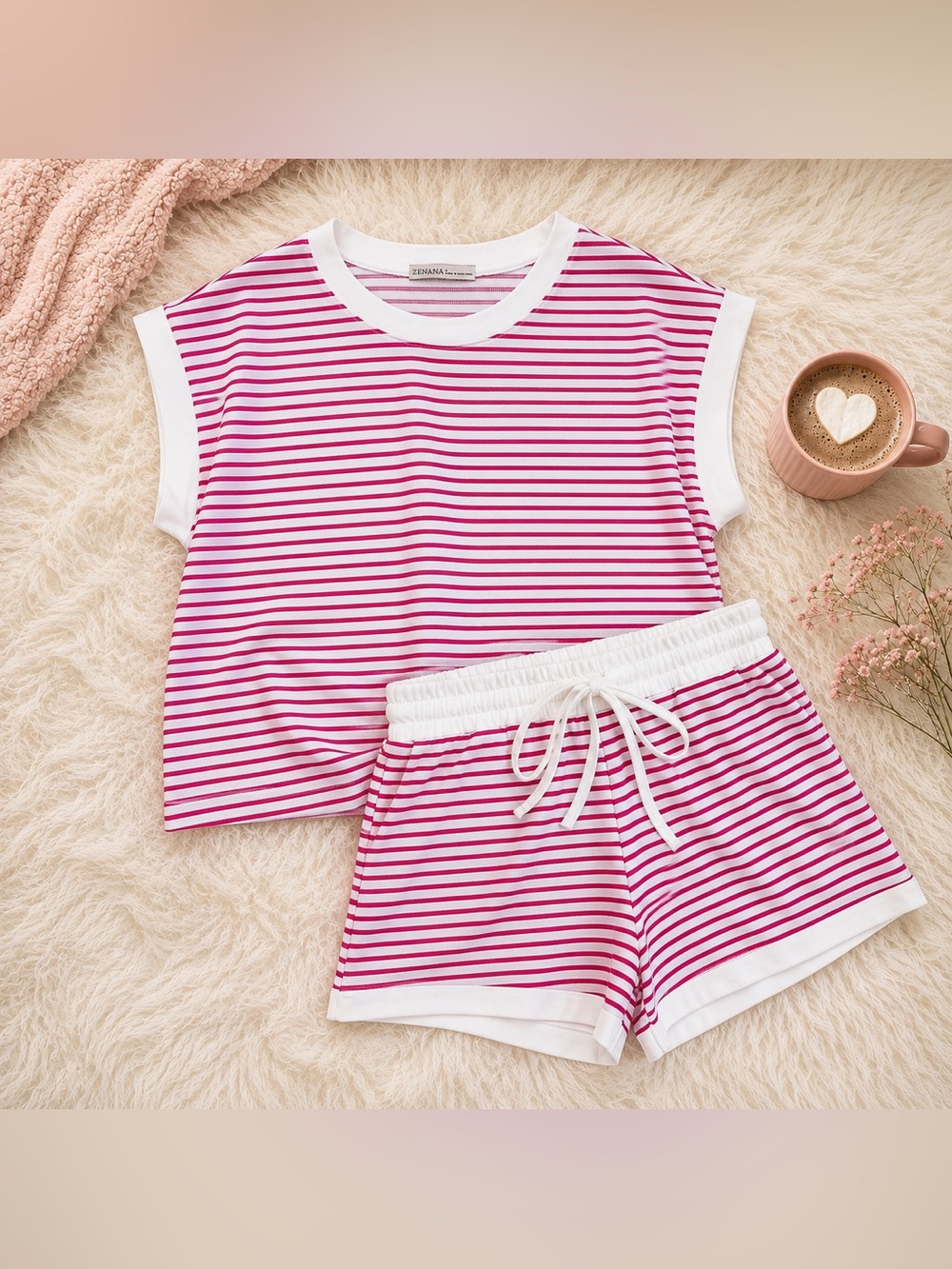 New Zenana Pink White Striped Top & Shorts Set Lounge 2 Piece Small